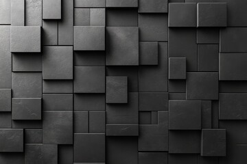 A textured black wall featuring various square tiles in a modern design.