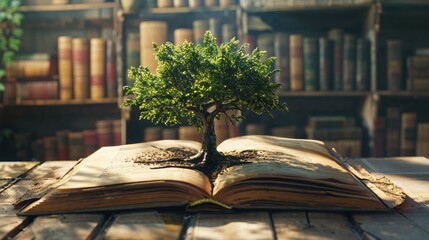 Conceptual still life of miniature tree growing from open vintage book pages in library setting. Magical education metaphor with bonsai tree emerging from knowledge source