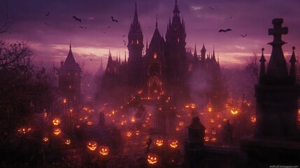 Fototapeta premium Spooky castle with pumpkins at twilight.