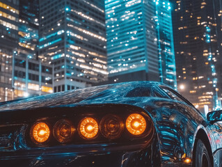 A sleek sports car with glowing taillights parked in a vibrant cityscape at night. Urban energy...