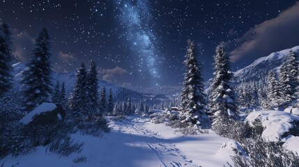 Snowy forest and starry sky in the mountains