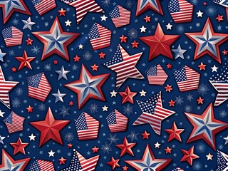 Obraz premium Patriotic Memorial Day Pattern Featuring Stars and Stripes on a Dark Blue Background for Celebratory and Commemorative Themes in Stock Photography