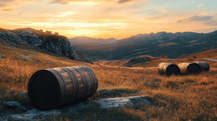 Obraz premium A scenic shot of wooden cable drums in a mountainous landscape at sunrise.