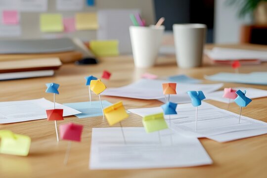 A Vibrant Collection of Colorful Push Pins Scattered Across a Wooden Desk Surrounded by Soft Natural Lighting and Papers