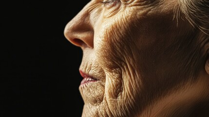 Obraz premium A side profile of an older woman's face, showcasing deep wrinkles and folds.