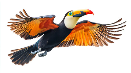 Toucan in flight, white background