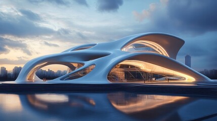Obraz premium Futuristic Waterfront Architectural Marvel: A Symphony of Curves and Light
