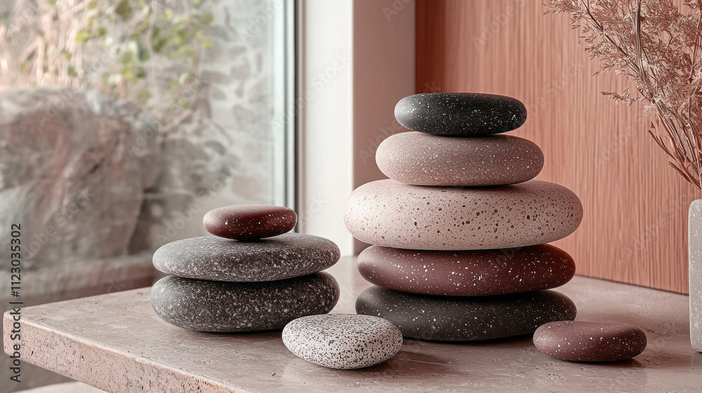 Poster stacked stones in trendy mocha and smooth colors create a calming focal point in a stylish living sp