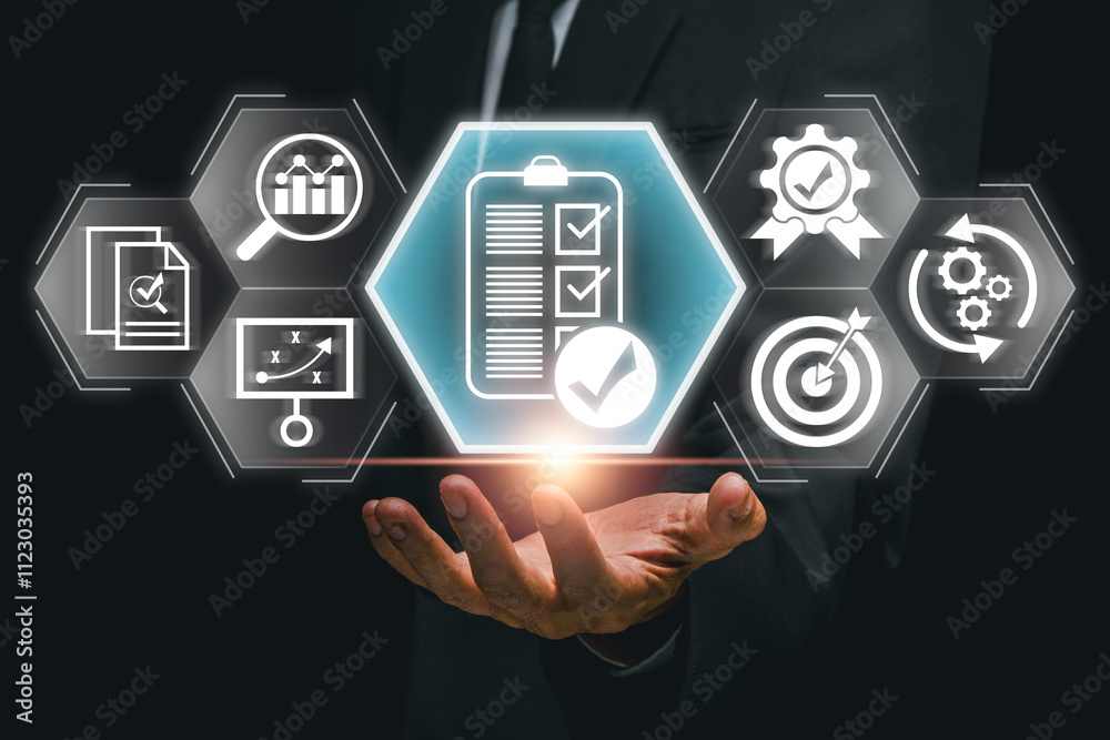 Wall mural visual representation of assessment concept with digital icons and data analysis elements, ideal for