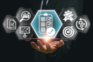 Visual representation of assessment concept with digital icons and data analysis elements, ideal for business and educational themes.