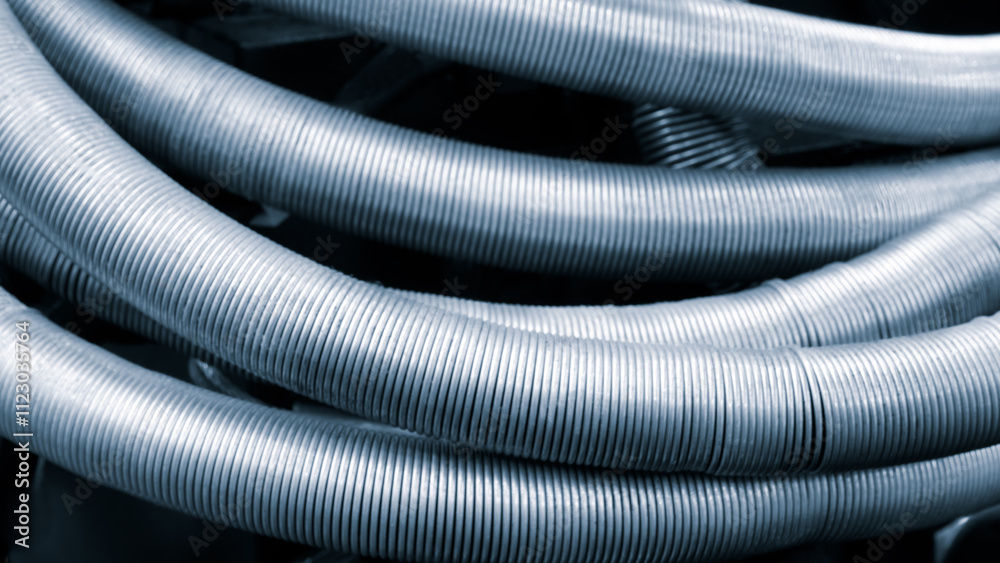 Poster a long silver pipe is shown in the image. it is bent and twisted. the pipe is made of metal