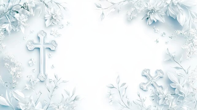 First Communion Greeting Card Template with Floral Accents and Cross Symbols for Custom Messages