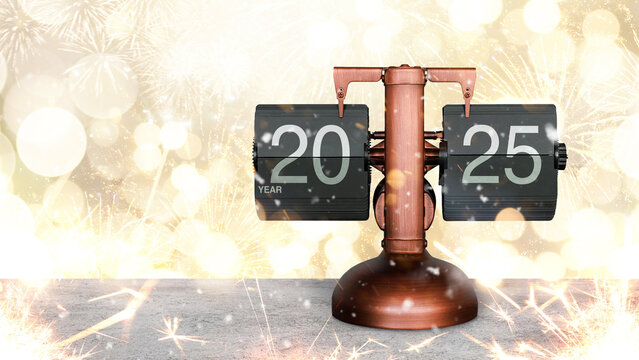 Vintage flip clock shows year 2025 on gold background with fireworks and lights. New Year 2025 card. Celebration of New Year