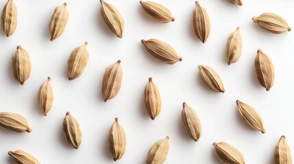 A flat lay of light brown cardamom pods arranged neatly on a white background.