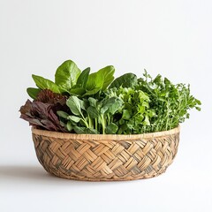Naklejka premium Rattan basket holding assorted fresh greens, white backdrop