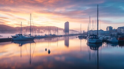 Stunning sunset over calm water with boats and reflections in a vibrant harbor scene