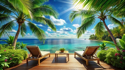 Fototapeta premium Relaxing Tropical Seascape with Ocean View from a Wooden Terrace, Perfect for a Dream Vacation Getaway in Paradise