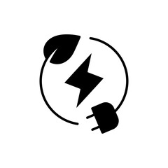 Green eco energy icon. Simple solid style. Clean power, transition, lightning in circle with plant leaf and plug, renewable concept. Black silhouette, glyph symbol. Vector illustration isolated.