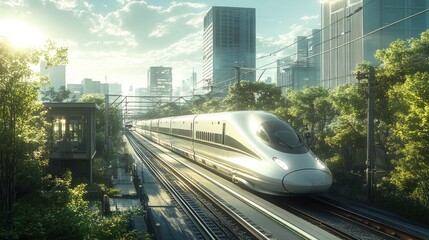 High-speed electric rail running through a modern, eco-friendly urban landscape