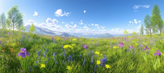 Vibrant Alpine Meadow with Irises and Mountain Vista