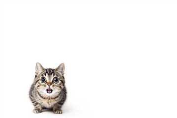 Obraz premium Portrait of a small gray kitten with wide curious eyes sitting on a clean white background, offering ample copy space for creative use.