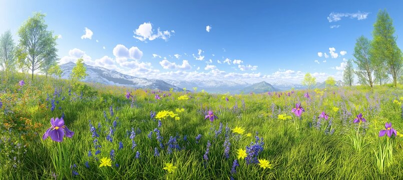 Vibrant Alpine Meadow with Irises and Mountain Vista
