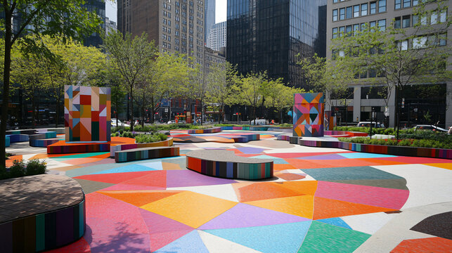 An urban plaza featuring public art installations and seating areas.