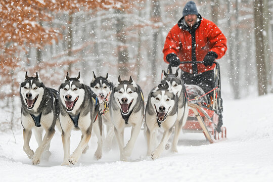 a man riding a sled pulled by dogs in the snow in a red jacket and black pants and a red jacket