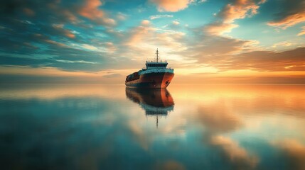Fototapeta premium Container ship in the sea, front view, water reflection 