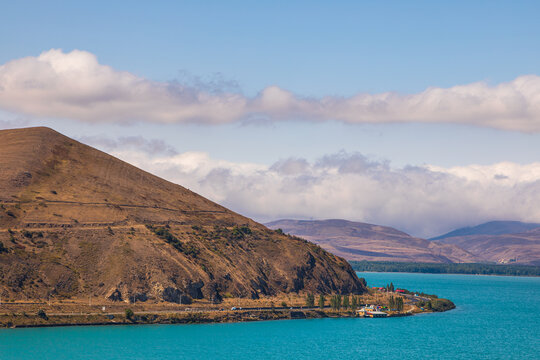 Sevan, tourist town by the lake. Sevan Lake. Mountain around. Armenia.