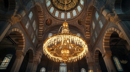 Obraz premium Grand mosque interior with ornate chandelier.