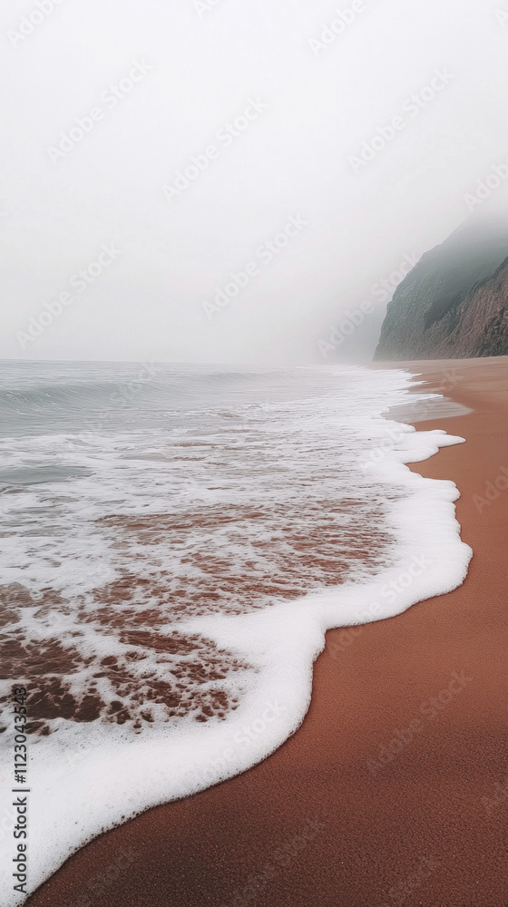 Poster soft waves caress the brown sand while fog blankets the beach, creating a serene and tranquil atmosp