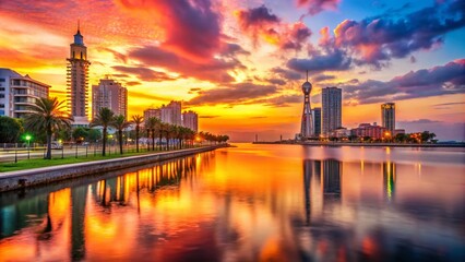 Naklejka premium Scenic City Embankment in Batumi Captured at Sunset with Bokeh Effect, Highlighting Vibrant Colors and Serene Reflections on Water, Perfect for Travel and Landscape Photography