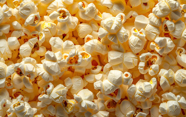 świeżo przygotowany popcorn o złocistym odcieniu, idealny jako przekąska podczas oglądania filmów lub wydarzeń. 