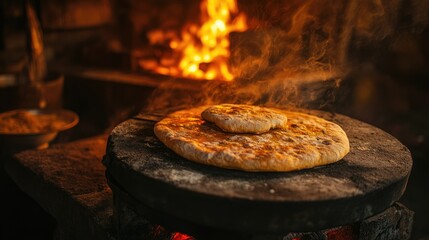 A traditional tandoor furnace glowing brightly, with freshly baked bread on top.
