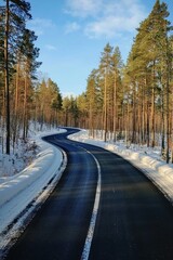 Winding Winter Road Through Snowy Pine Forest Landscape