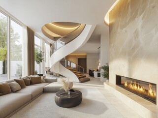 Modern Luxury Living Room with Spiral Staircase and Fireplace