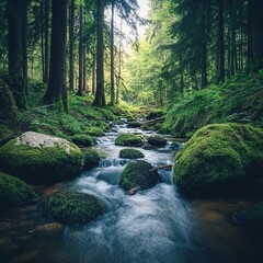Fototapeta premium serene forest stream with moss-covered rocks, wide-angle lens capturing depth,