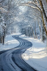 Obraz premium Winding Snowy Road Winter Wonderland Frosty Trees Cold Season