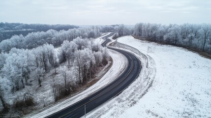 Winding Winter Road Snowy Landscape Frosty Trees Aerial View