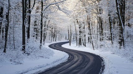 Fototapeta premium Winding Snow Covered Road in Winter Forest Landscape