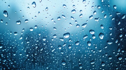 Raindrops on Window with Sky Blue Blurred Background