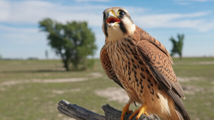 Fototapeta premium A steppe falcon with wide-open eyes and an open beak, as if it is calling someone. The falcon is sitting on a branch. An extensive landscape with several trees is depicted in the background.