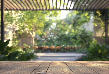 Empty Wooden Table with Blurred Garden Background