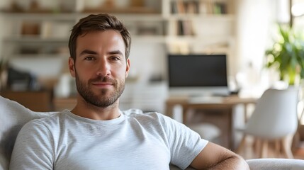 Obraz premium Cheerful man sitting comfortably in a cozy and modern living room, surrounded by minimalistic interior decor, enjoying a moment of relaxation.