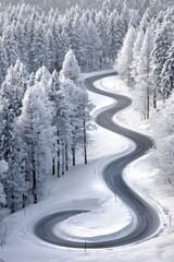 Winding Snow Covered Road Through Winter Forest Landscape