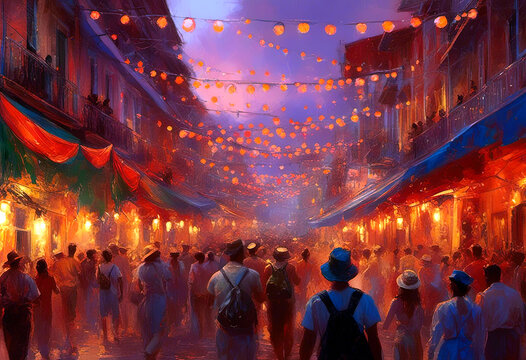 Festive Evening Celebration in a Vibrant Street Festival