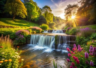 Naklejka premium Serene Countryside Waterfall Weir Cascading Water Amidst Lush Greenery - Nature's Tranquil Beauty Captured in a Picturesque Landscape