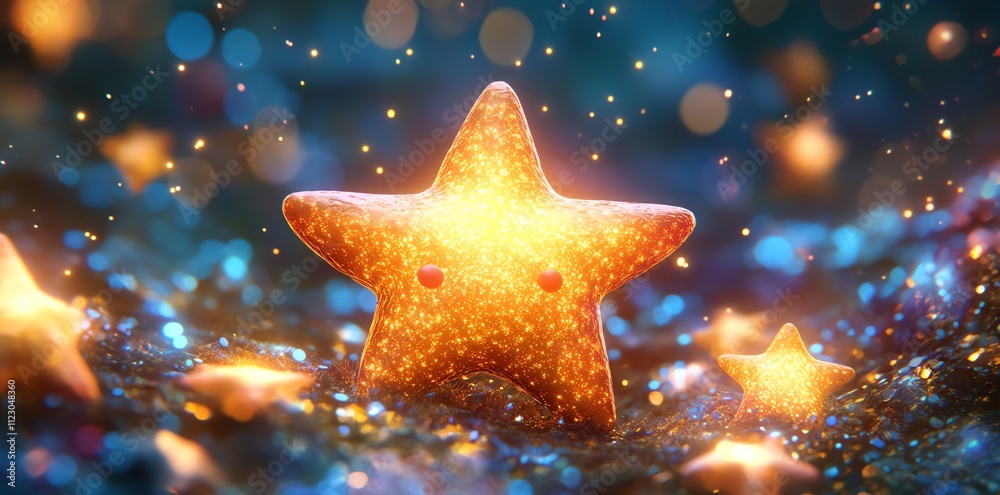 Poster a glowing star-shaped figure surrounded by smaller stars, creating a whimsical atmosphere.