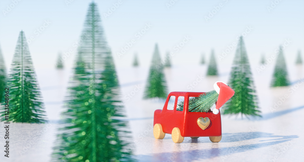Poster 3d christmas background with red toy car on snow landscape. 3d rendering